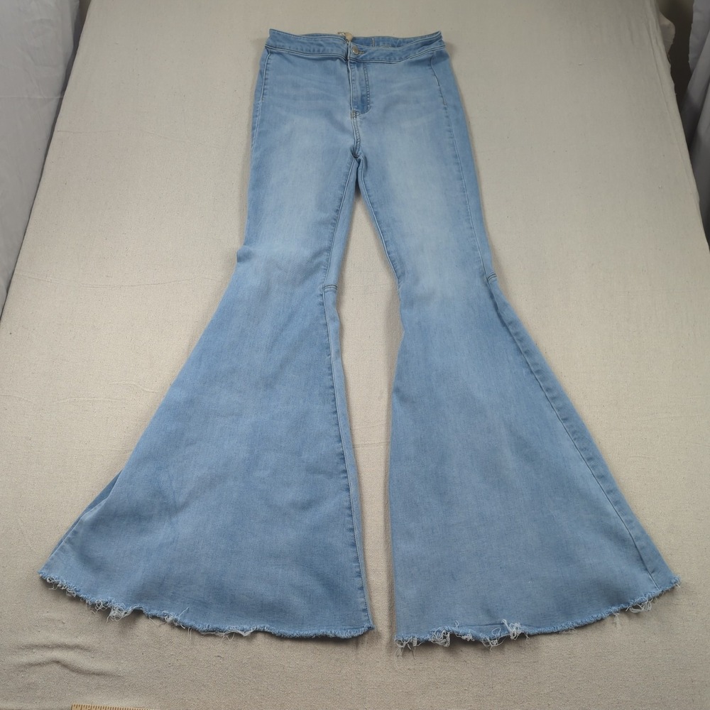 Free People Jeans Womens 29 Blue Long Flare Stretch Frayed Boho Hippie High Rise